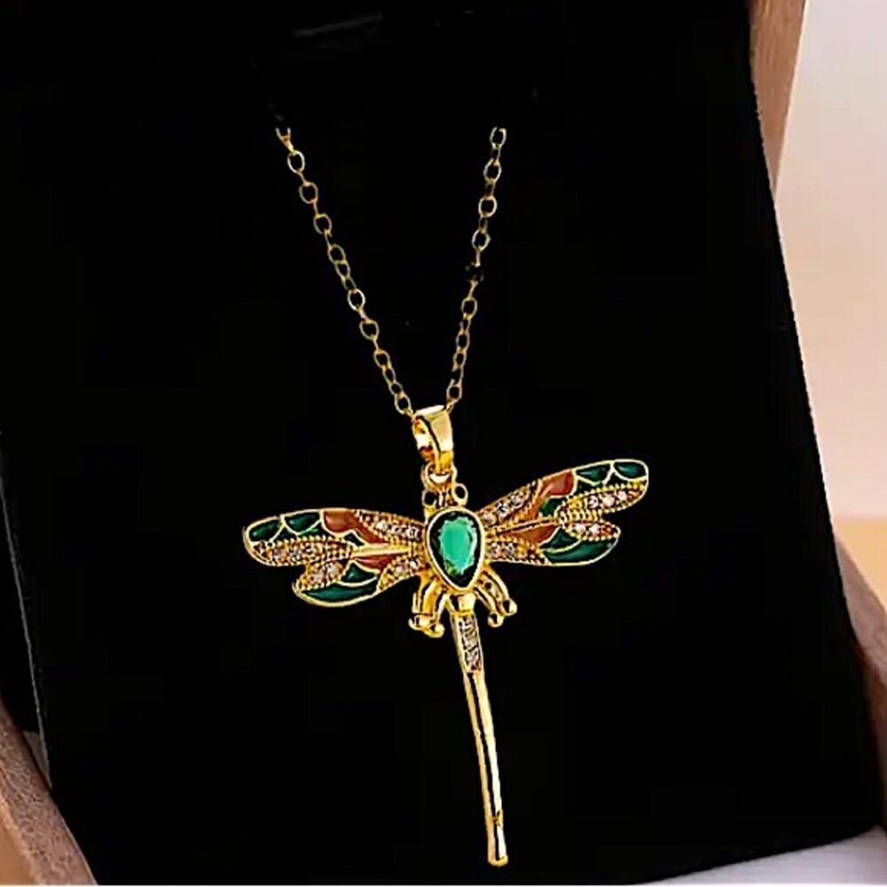 Gold Emerald Dragonfly Pendant Necklace